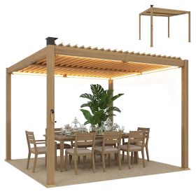 10' x 10' Louvered Pergola with Solar LED lights, Metal Roof, Outdoor Pergola Patio Gazebo with Drainage Gutters, Brown 10' x 10' Louvered Pergola with Solar LED lights, Metal Roof, Outdoor Pergola Patio Gazebo with Drainage Gutters, Brown
